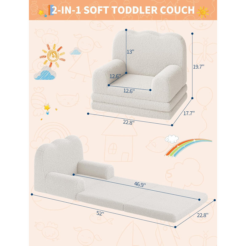 Couch, 2-in-1 Comfy Toddler Couch Fold Out, Convertible Sofa to Lounger Foam Chair with Soft Sherpa, Gift for You, White