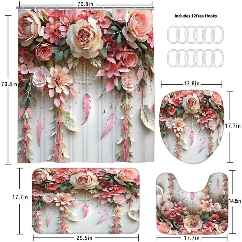 Ensemble de rideau de douche 4Pcs Roses, Rose