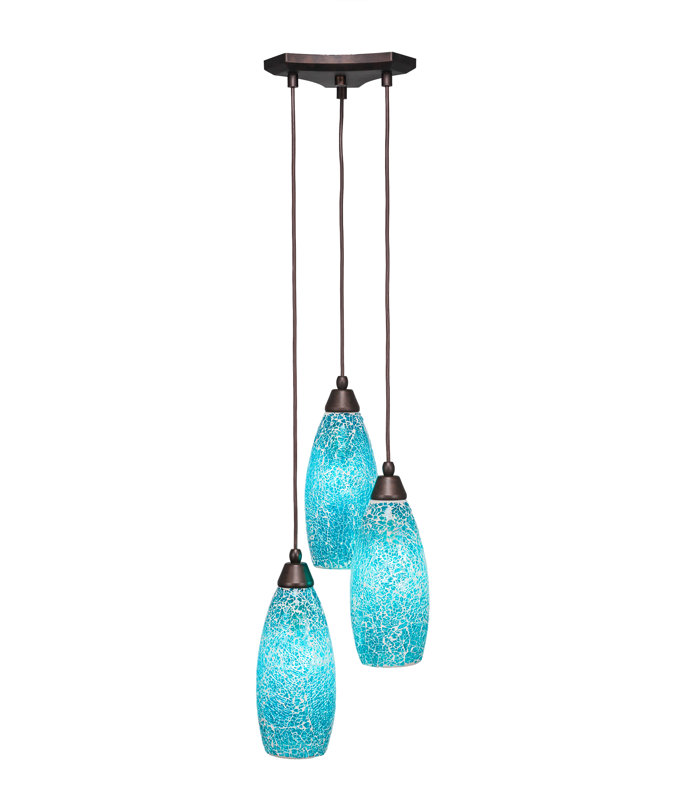 Luminaire suspendu en grappe 3 lumières Europa au fini nickel brossé avec verre fusion rouge de 5,5 po, Turquoise