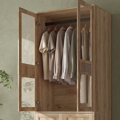 Armoire en rotin de 200 cm de haut avec portes et étagères vitrées, armoire haute de 80 cm de large x 50 cm de profondeur.