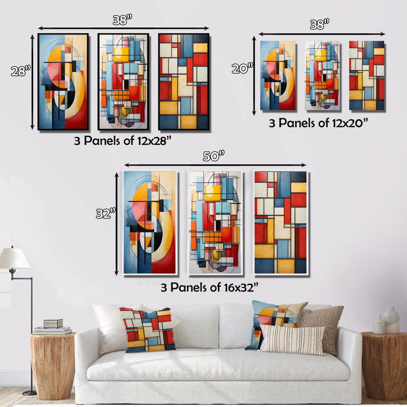 " Geometric Abstraction Focus I " 3 - Pieces, Natural Framed, 32" H x 48" W