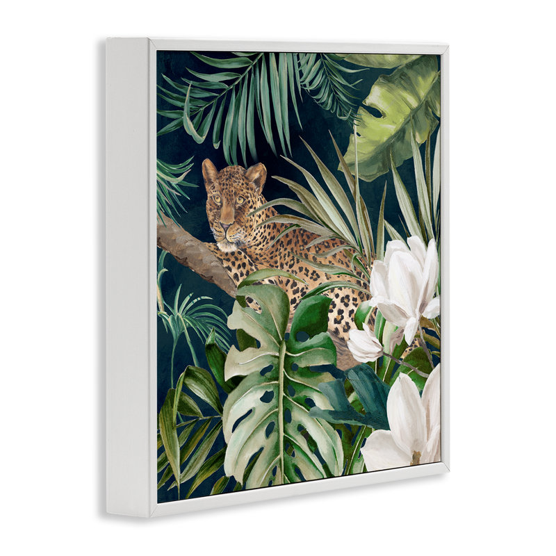 Léopard de jungle tropicale, art de la giclée par Eli Jones, Giclée encadrée noir minuit, H 17 po x l 17 po