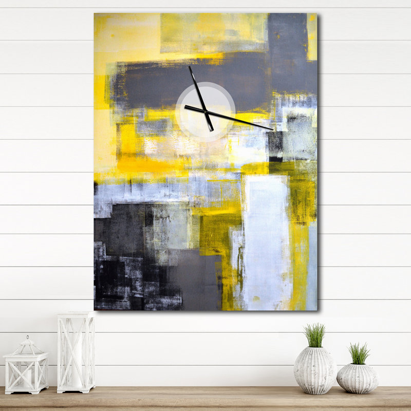 Gris et jaune flou abstrait - horloge murale moderne, H 32 po x l 24 po x P 1 po