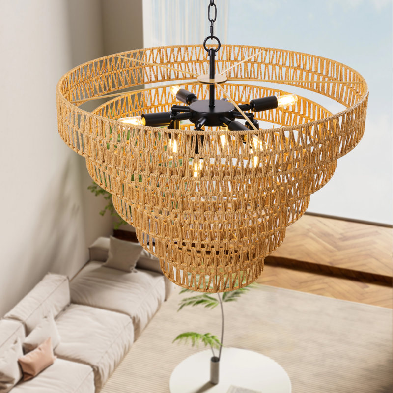 Caytlen 8-Light Dimmable Hand-Woven Rattan Tiered Chandelier