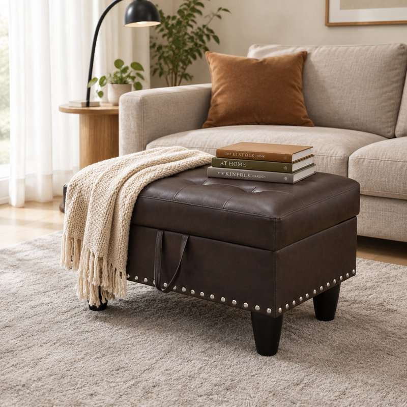 Faux Leather Storage Ottoman Living Room, Brown