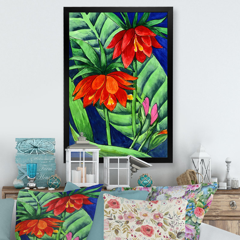 Aquarelle de fleurs rouges tropicales - peinture, H 20 po x l 12 po, Cadre photo noir