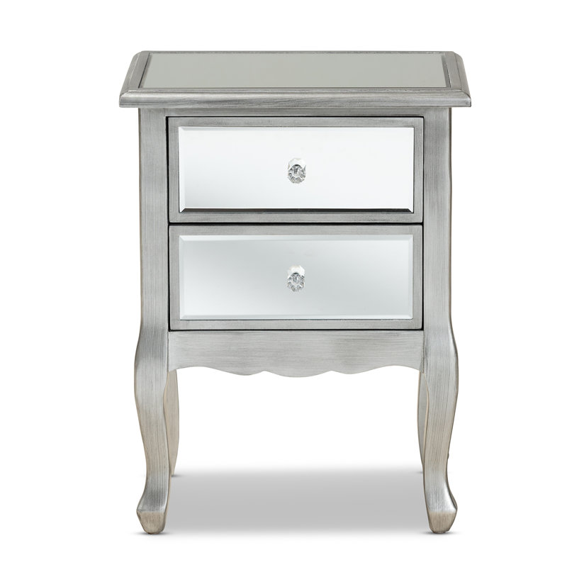 Michyla Leonie Modern Transitional French Brushed Wood and Mirrored Glass 2-Drawer End Table