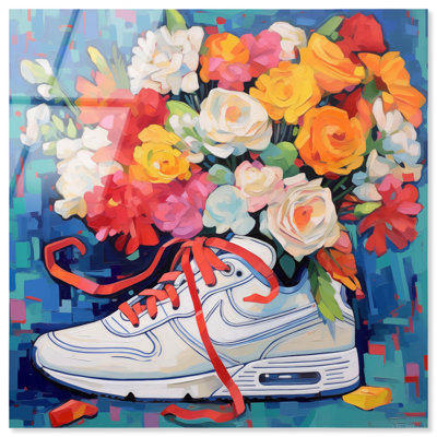 Art mural "Sneaker" fantaisiste avec fleurs, par Art Remedy, prêt à être accroché