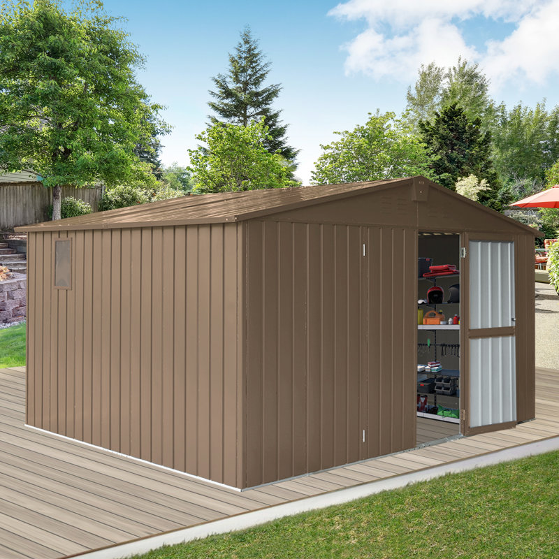 Remise en métal 11 pi x 9 pi, structure et fenêtres en acier galvanisé avec rangement pour outils utilitaires avec porte verrouillable, remise de 930 pi³, cadre brun