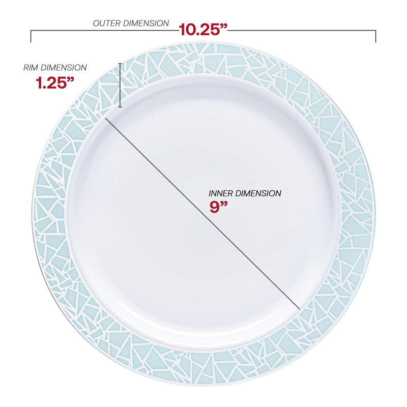White with Turquoise Blue and Silver Mosaic Rim Round Plastic Dinner Plates (10.25")