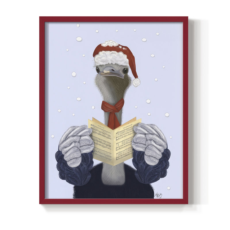 Ostrich, Carol Singing, reproduction d'art encadrée - bois massif, H 21 po x l 17 po, Rouge