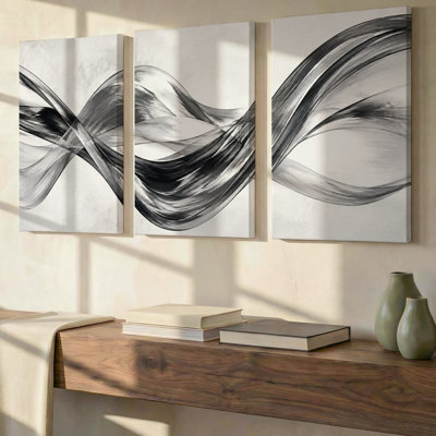3 Pieces Exculisive Silver Gray Abstract Ribbon Large Wall Art Modern Canvas Art, Modern Canvas Decor for Living Room, Bedroom, Office and Home