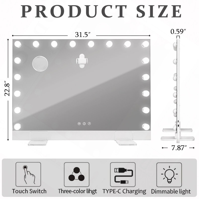Miroir de salle de bain 31,5 "x 22,8" avec lumières, 0,6 "grand miroir de salle de bain Hollywood