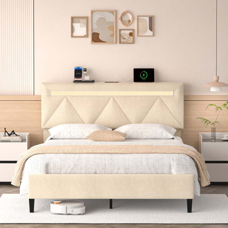 Très grande base de lit tapissier avec station de charge et lumières DEL, pas de sommier, pas de bruit