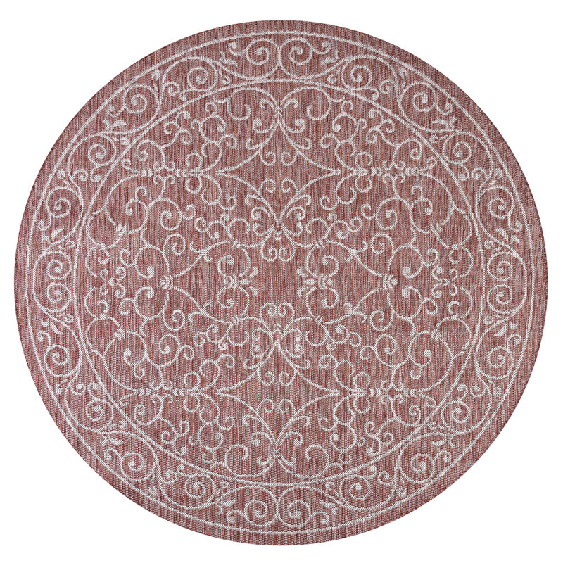 Hagerman Vintage Filigree Textured Weave Red/Beige Indoor/Outdoor Rug, Round 5'3"