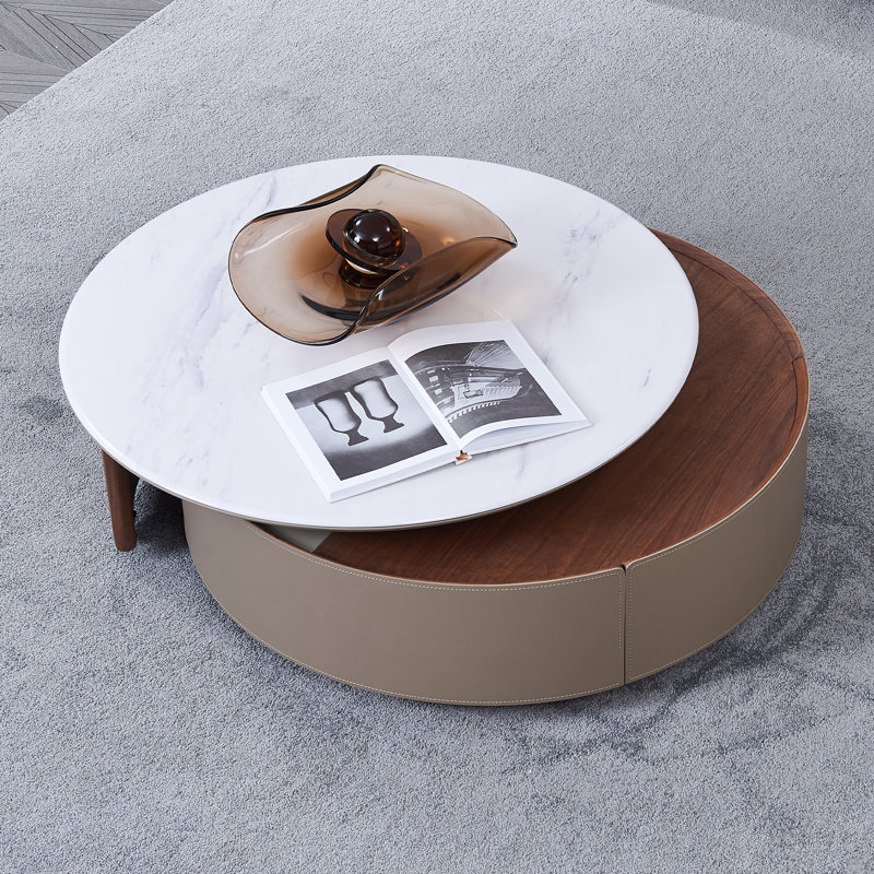 Table basse gigogne en bois fritté avec plateau rotatif à 360 degrés, plateau de rangement et tiroir surélevés, aucun assemblage requis
