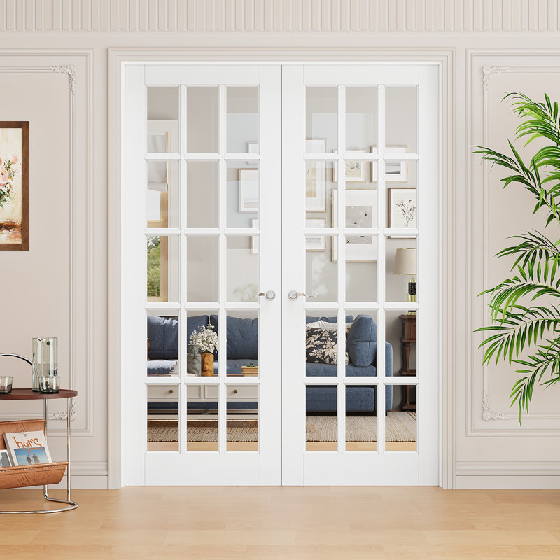 Intérieur de la porte en verre transparent 15-Lite, portes françaises en verre trempé CARB P2 MDF et SGCC, quincaillerie en nickel mat / nickel satiné - levier de porte d'intimité avec serrure, loquet et charnières, pré-fini et imperméable, garde-
