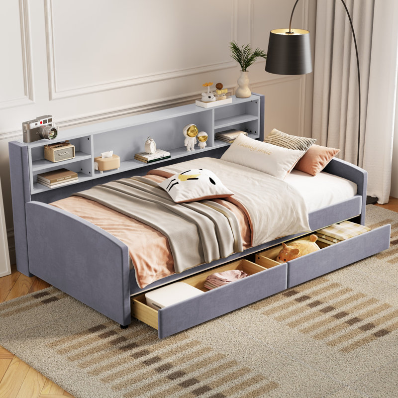 Structure de lit plateforme tapissier simple avec tiroirs de rangement, mobilier de chambre moderne à faible encombrement, gris