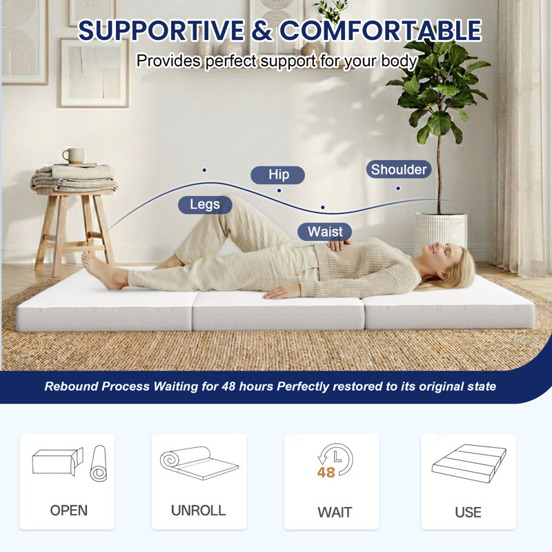 Tri-fold 4" Mattress, Portable Folding Memory Foam Floor Twin Size Mattress with Washable Cover, Twin, 4"