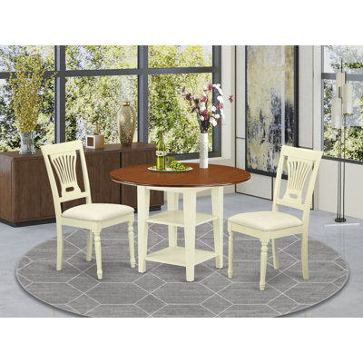 3 Piece Dining Table Set Contains a Round Dining Room Table with Dropleaf & Shelves and 2 Linen Fabric Chairs, Buttermilk & Cherry