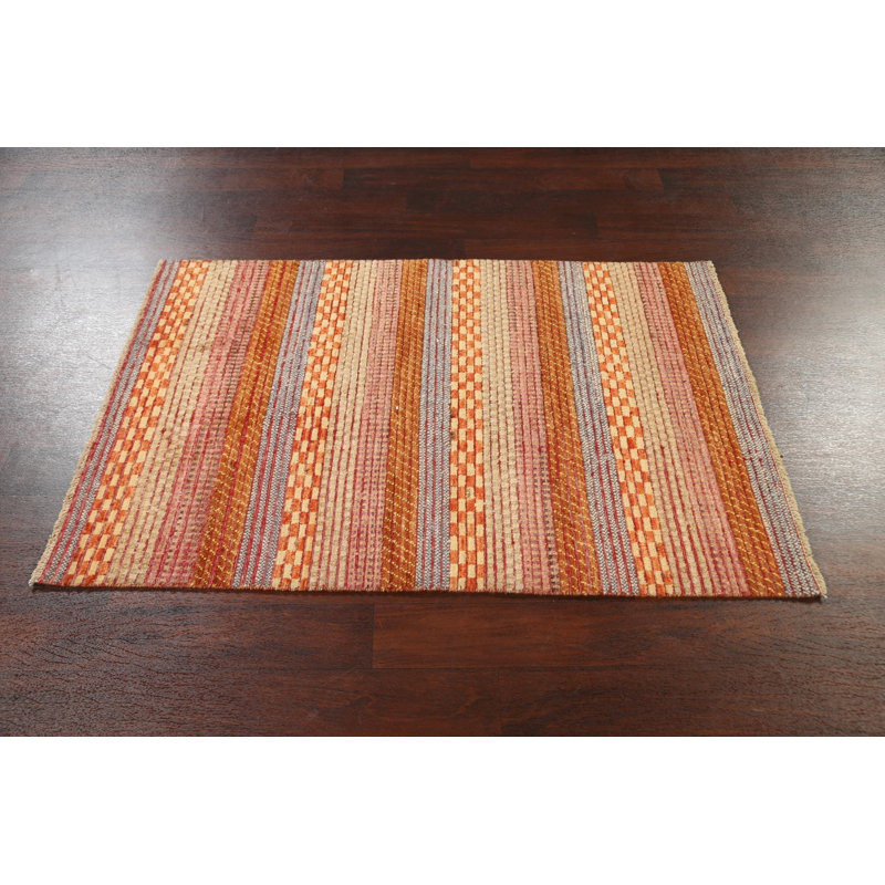 Tapis orange / gris en laine noué à la main de conception unique 3 pi 3 po x 4 pi 11 po New Age
