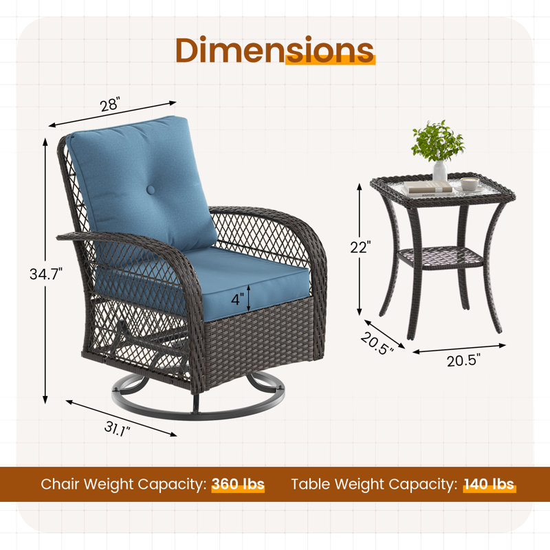 Ensemble 2 pièces de chaises pivotantes en osier avec coussins, Bleu