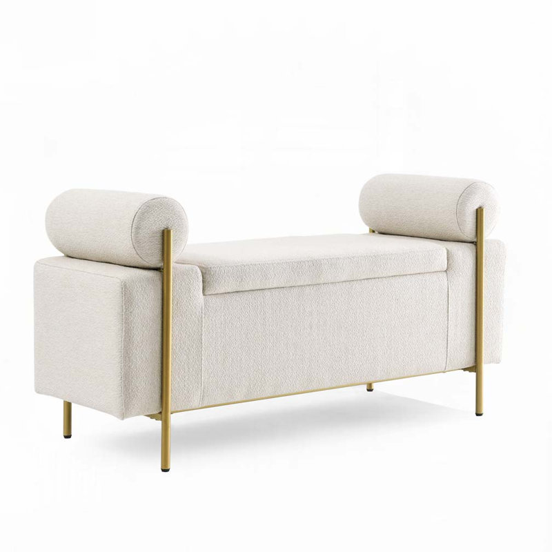 Upholstered Linen Storage Bench with Cylindrical Arms and Iron Legs, Beige