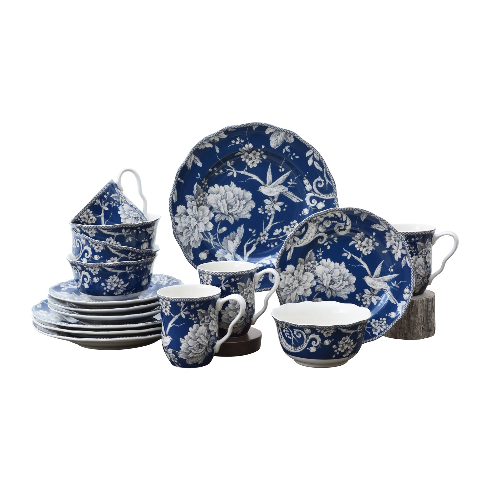 Adelaide Porcelain Dinnerware Set - Service for 4, Floral, Dark Blue