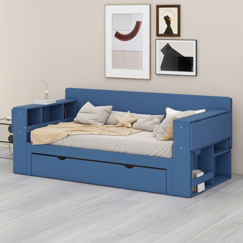 Lit de jour avec bureau amovible, tiroirs de rangement et table d'appoint hydraulique, Blue