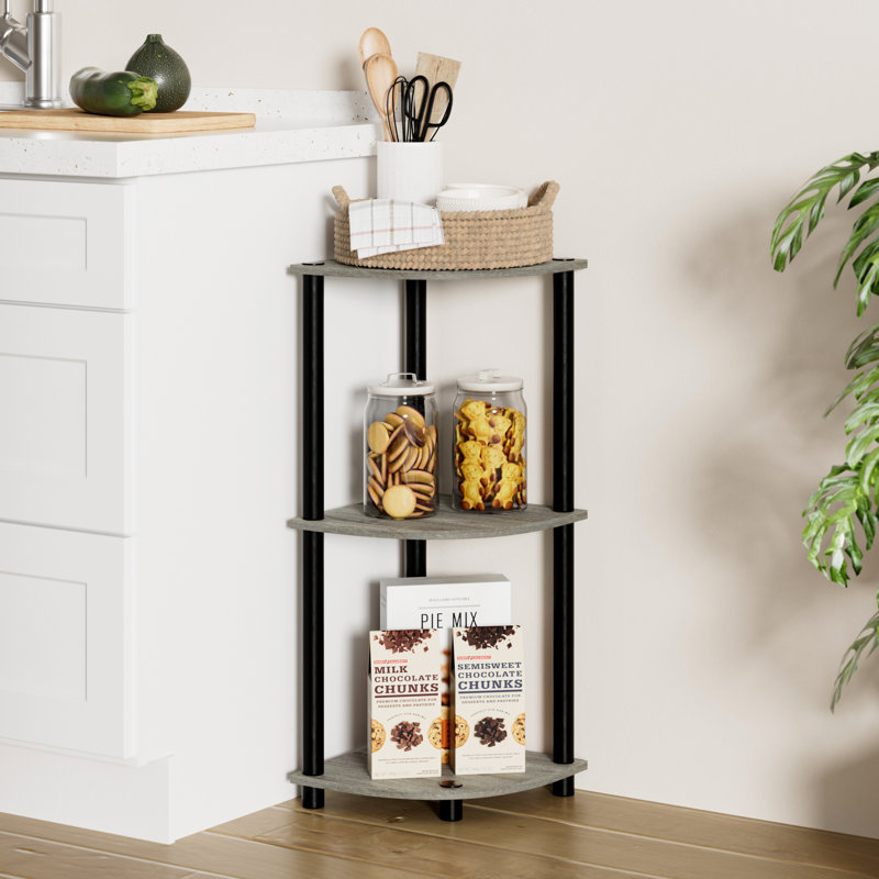 3-Tier 30" Wooden Round Corner Shelf for Living Room, Office, French Oak Gray/Black