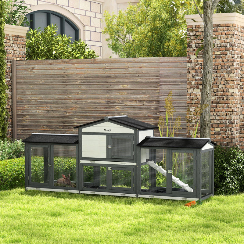 Grande cage à lapins en bois avec boîtes à double couloir, plateau sans fuite, rampe, pour petits animaux et cochons d'Inde, gris clair