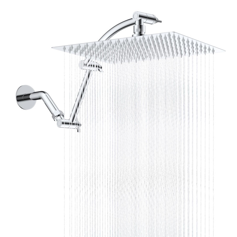 All-Metal Rainfall Shower Head – 12-Inch High-Pressure Square Shower Head With 16-Inch Adjustable Solid Brass Extension Arm, Waterfall Fixed Mount Shower System