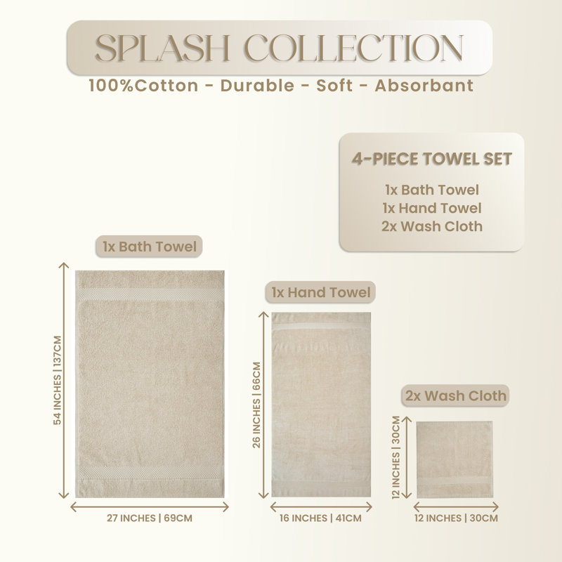 Splash 100% Cotton Zero Twist Towel Set, Bath Towels, Hand Towels & Washcloths, 550 GSM Soft Absorbent Towels for Bathroom, Spa & Daily Use, OEKO-TEX Certified, 4 Pack, Sand