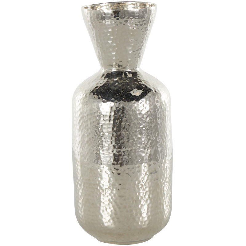 Lynnix Aluminum Metal Hammered Decorative Silver Vase with Cone Shaped Opening, 14.3" H x 6" W x 6.1" D