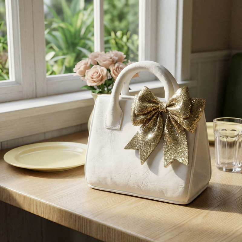 Sac à main en résine blanc mat avec texture en cuir et nœud à paillettes dorées et objets décoratifs et décoration intérieure