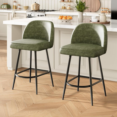 Tabourets de bar 26 po avec dossier et pieds en métal, ensemble de 2 tabourets de bar à hauteur de comptoir de 26 po, chaises hautes en similicuir de polyuréthane avec repose-pieds arc en métal, vert