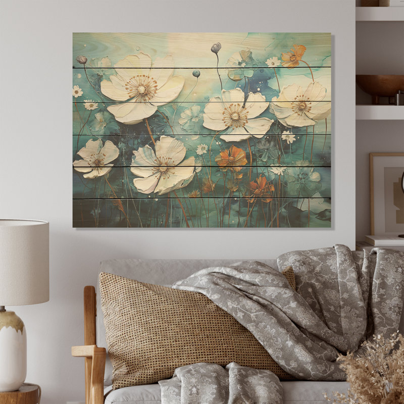 «Misty Flower Meadows», art mural en bois sur bois de pin naturel, H 10 po x l 20 po