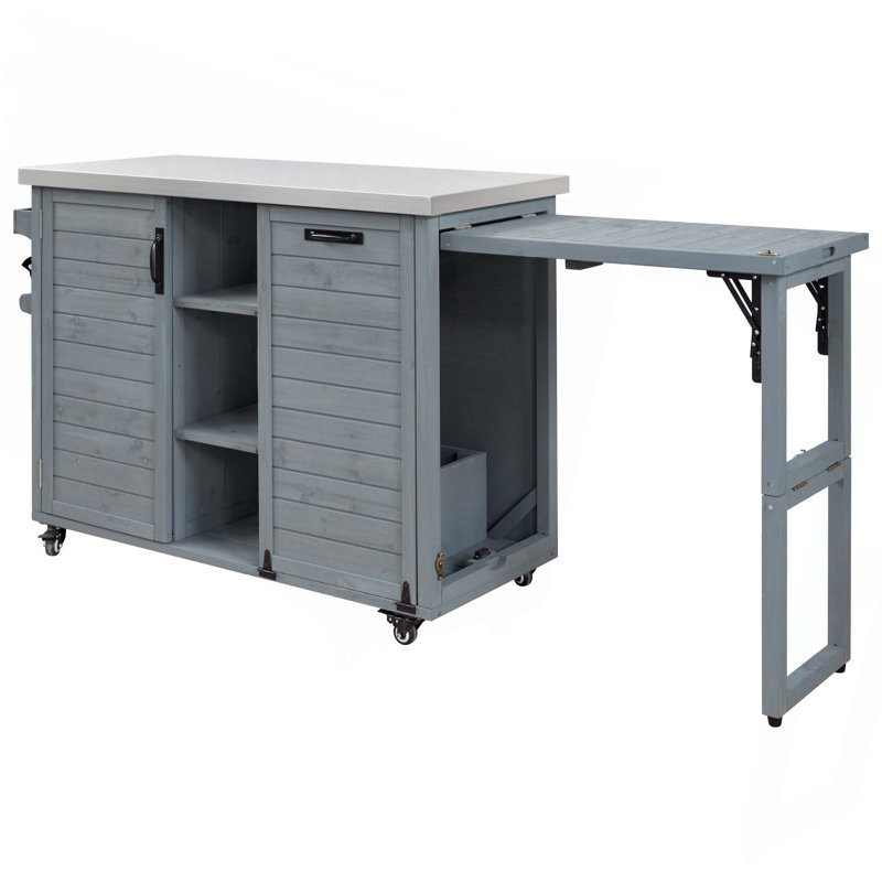 78.3" Outdoor Kitchen Island With Foldable Grill Table, Trash Can Storage & Stainless Steel Top, Blue Gray