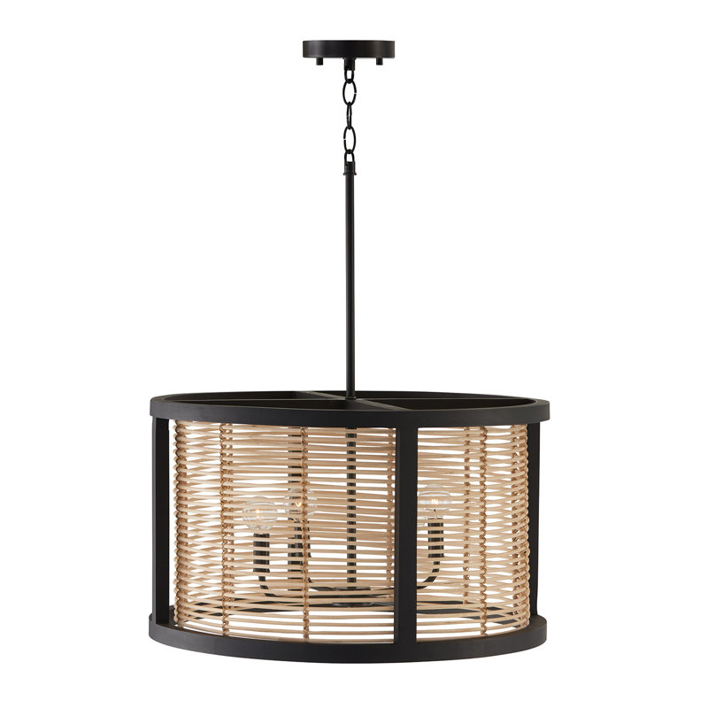 Luminaire suspendu noir l 22 po x H 13 po fabriqué en bois de manguier et en rotin fabriqués à la main