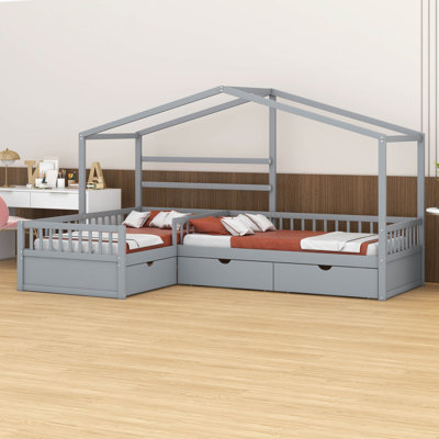 Lit plateforme simple en L en bois massif avec 3 tiroirs de rangement