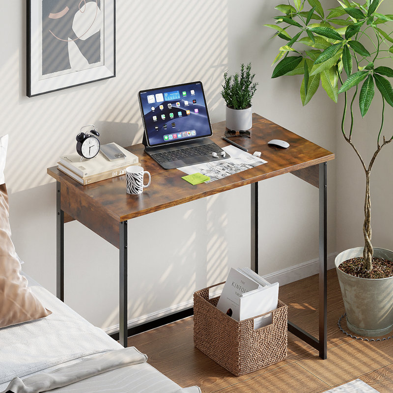 Sturdy Metal Frame Writing Desk, Compact Minimalist Computer Desk for Home Office & Bedroom, 37in, Brown