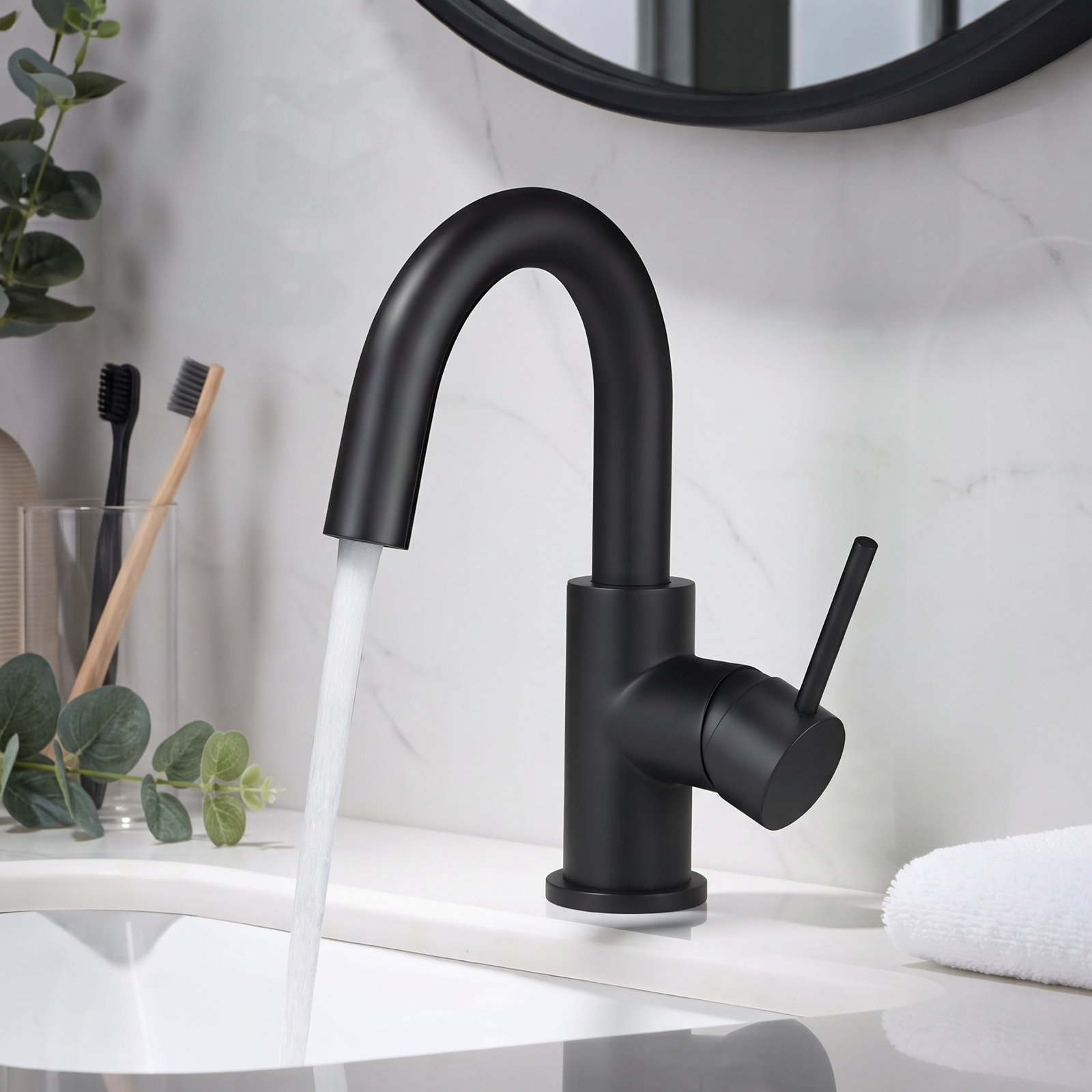Circular Single-Hole Bathroom Faucet with Drain, Matte Black