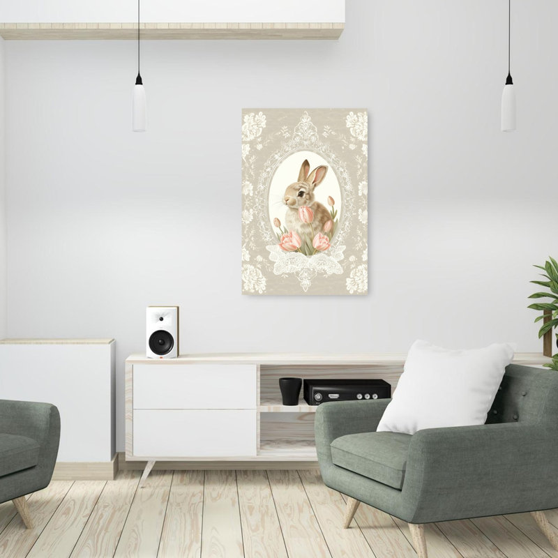 «Sweet Bunny with Tulips Elegant Vintage Whimsical Rabbit Tulip Flower Spring», reproduction d'art, H 36 po x l 24 po