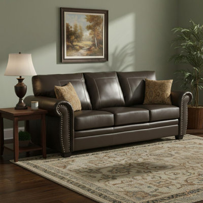 Tranditional Vintage Dark Brown Leather Sofa With 2 Pillows, 3-Seater Sofa - Solid Wood Frame, Precision Foam, Curved Armrests For Living Room