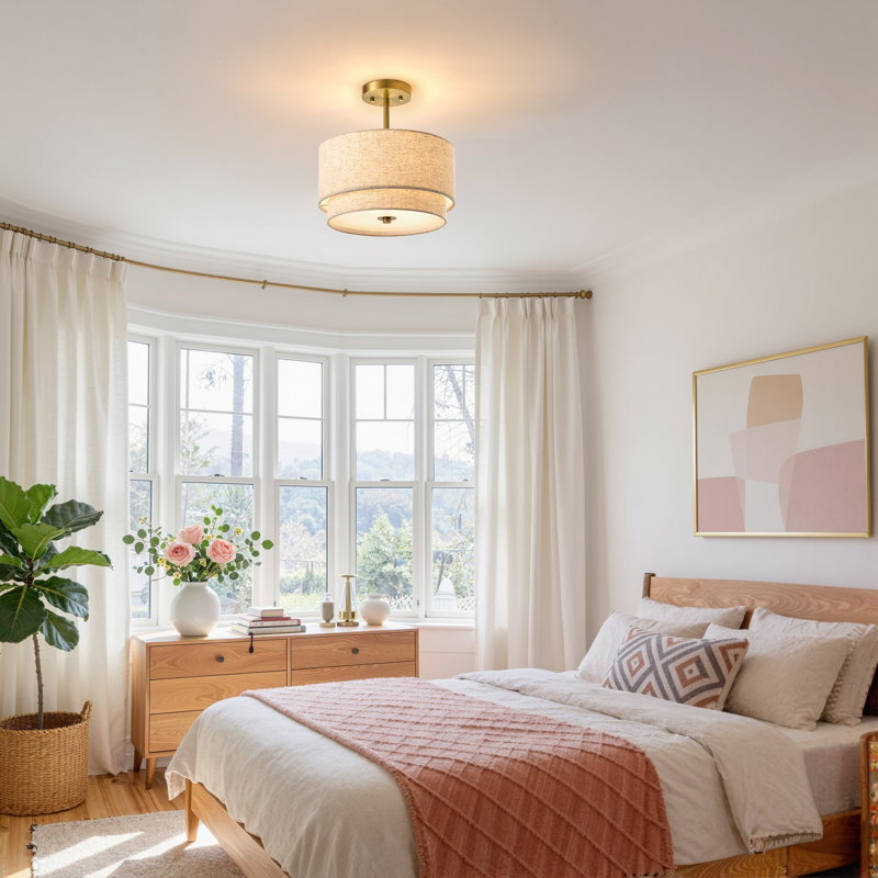 13" Modern Drum Semi-Flush Mount Ceiling Light – Gold Finsh with Double-Layer Linen Shade, D13"×H13"