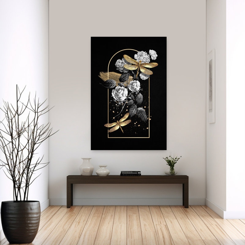 Art mural, libellule et roses dorées, H 60 po x l 40 po