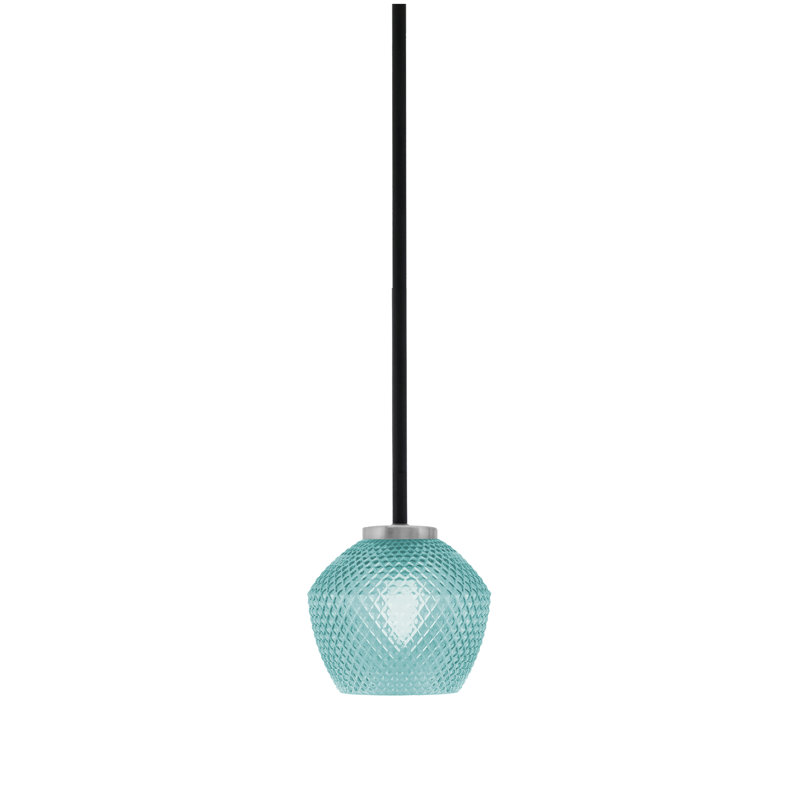 Mini-luminaire suspendu 1 lumière Amarmula, finition noir mat et graphite, verre texturé turquoise 6 po, Sarcelle