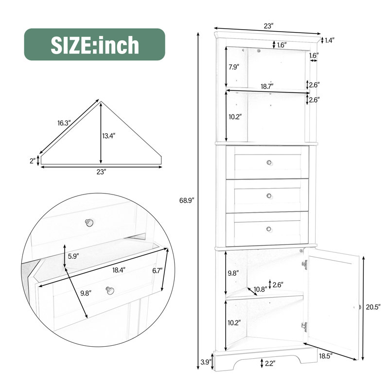 White Tall MDF Bathroom Cabinet with Adjustable Shelves and Drawers