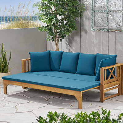 Lit de jour extensible Rustic Long Beach, fabriqué en bois avec coussins de siège rembourrés de tissu d'ameublement