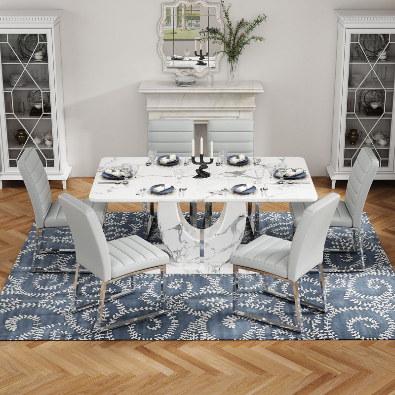 Dining Table set with PU Leather Upholstered Chairs, 7 Pieces: Table, 6 Chairs, Light Gray, Silver